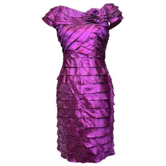 London Times Currant Purple Shimmer Asymmetrical Floral Tier Shutter Mini Dress - Picture 1 of 8